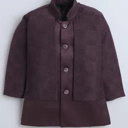 Fourfolds Jacquard Woven Full Sleeves Solid Sherwani With Abstract Embroidered Attached Jacket & Trousers Set - Wine image 3