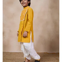 Pspeaches Cotton Full Sleeves Floral Yoke Design & Thread Work Embellished Kurta With Dhoti  - Mustard image 4