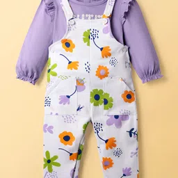 Babyoye Cotton Knit Dungaree & Full Sleeves T-Shirt With Floral Print - Purple & White image 3