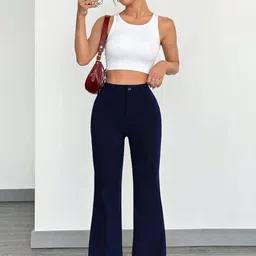 CILIMILI Women Solid Relaxed Straight Leg High-Rise Comfortable Non-Iron Bootcut Trousers image 3