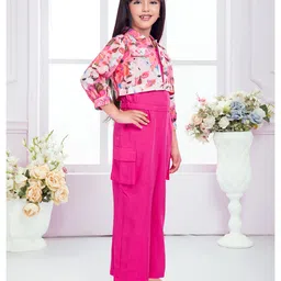 TINY BABY Linen Woven Solid Jumpsuit With Three Fourth Sleeves Floral Printed Jacket & Belt - Pink image 5