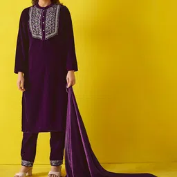 Anouk Violet Floral Embroidered Velvet Straight Kurta With Trouser & Dupatta-picture-12