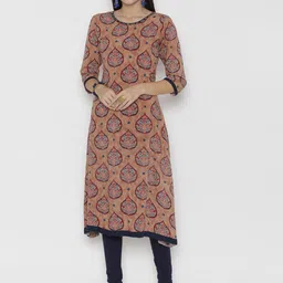 Shree Women Beige & Navy Rayon Printed Asymmetrical Hem A-Line Kurta-picture-49