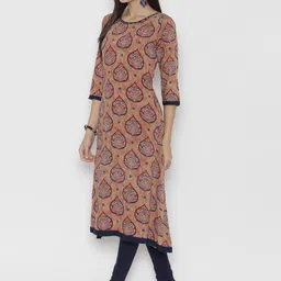 Shree Women Beige & Navy Rayon Printed Asymmetrical Hem A-Line Kurta image 3