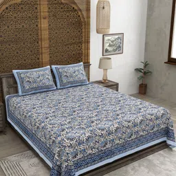 CLOTHOLOGY Grey & Blue Printed Pure Cotton 180 TC King Bedsheet Set 2.75 m x 2.25 m image 1