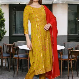 True Shape Ethnic Motifs Printed Round Neck Cotton Straight Kurta With Trouser & Dupatta image 5