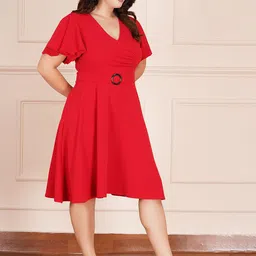 AMEEZA Women Plus Size Solid Flutter Sleeve Fit & Flare Dress image 5