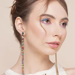 StyleCast Gold-Plated Artificial Stones Studded Tasselled Contemporary Drop Earrings image 3