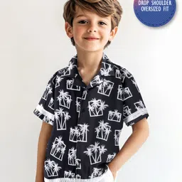 Primo Gino Rayon Woven Half Sleeves Oversized Drop Shoulder Tropical Print Shirt - Black-image-47