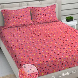 FABINALIV Pink Cartoon Print Woollen King Size Fitted Double Bedsheet with 2 Pillow Covers-picture-13