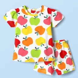 Babyhug Cotton Knit Half Sleeves Co-ords Shorts Night Suit With Tropical Theme Print - White-picture-18
