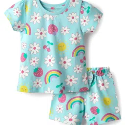 Babyhug Cotton Knit Half Sleeves Co-ords Shorts Night Suit with Tropical Theme Print & Bow Applique - Light Blue-picture-26