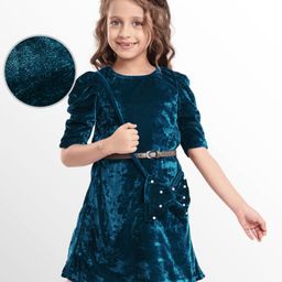 Hola Bonita Knit Three Fourth Sleeves Solid Velvet Party Dress With Sling Bag & Belt - Teal Blue-picture-45