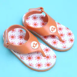 Babyoye Velcro Closure Flip Flops with Floral Print - Orange image 2