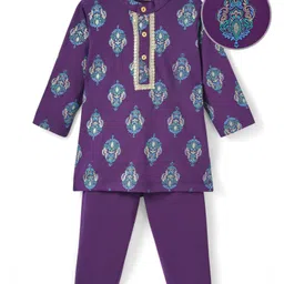 EARTHY TOUCH Single Jersey Knit Full Sleeves Kurta Pyjama Set with Foil Print & Lace Detailing - Purple image 2