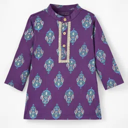 EARTHY TOUCH Single Jersey Knit Full Sleeves Kurta Pyjama Set with Foil Print & Lace Detailing - Purple image 3