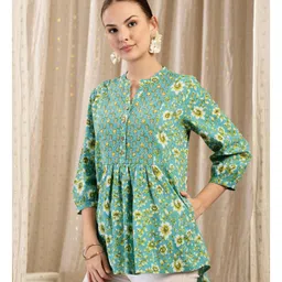 Zelena 100% Cotton Woven Three Fourth Sleeves Floral Printed Maternity Kurti With Front Open Nursing Access - Sea Green image 4
