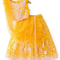 Babyhug Sleeveless Sequined  Floral Embroidered Choli Lehenga Set with Dupatta - Yellow image 4