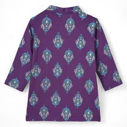 EARTHY TOUCH Single Jersey Knit Full Sleeves Kurta Pyjama Set with Foil Print & Lace Detailing - Purple image 4