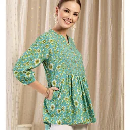 Zelena 100% Cotton Woven Three Fourth Sleeves Floral Printed Maternity Kurti With Front Open Nursing Access - Sea Green image 5