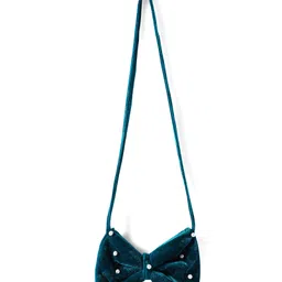 Hola Bonita Knit Three Fourth Sleeves Solid Velvet Party Dress With Sling Bag & Belt - Teal Blue image 5