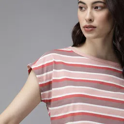 The Roadster Lifestyle Co Women Pink  Red Striped Extended Sleeves Boxy Pure Cotton T-shirt-image-78