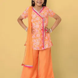 Nauti Nati Girls Floral Printed Zari Angrakha Kurta with Palazzos & Dupatta image 1