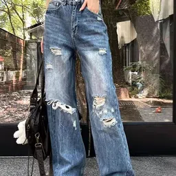 LULU & SKY Women Wide Leg Low-Rise Highly Distressed Light Fade Jeans-picture-39