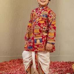 Aj DEZInES Boys Ethnic Motifs Printed Regular Pure Cotton Kurta with Dhoti Pants image 2