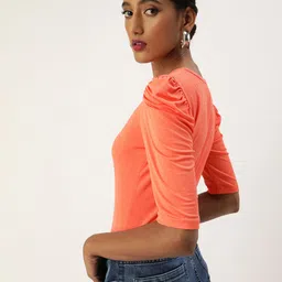 Veni Vidi Vici Coral Orange Puff Sleeves Regular Top image 1