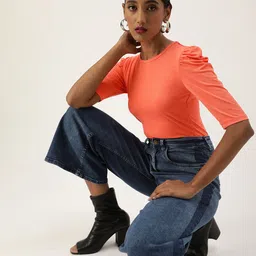 Veni Vidi Vici Coral Orange Puff Sleeves Regular Top image 4