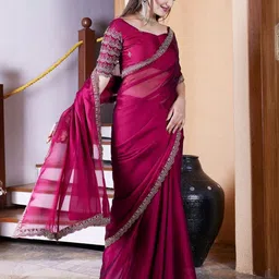 K 5 Fashion Embellished Beads and Stones Pure Chiffon Saree image 4