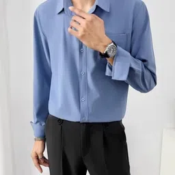 KPOP Men Original Regular Fit Solid Spread Collar Cotton Formal Shirt image 4