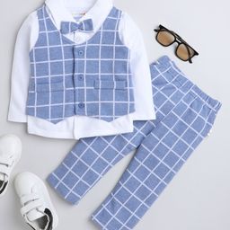BUMZEE Full Sleeves Solid Shirt With Graph Checked Waistcoat & Coordinating Pant - Sky Blue & White-picture-13