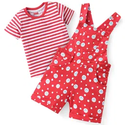 Babyhug 100% Cotton Knit Dungaree and Half Sleeves Tee Set with Stripes - Red-image-15