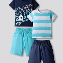 Primo Gino 100% Cotton Knit Half Sleeves Shorts Night Suit With Stripes & Text Print Pack Of 2 - Light Blue & Navy Blue-picture-28