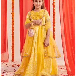 Pspeaches Silk Blend Half Sleeves Floral  Printed  Lehenga Choli With Dupatta - Yellow image 1