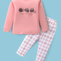 Teddy Sinker Knit Full Sleeves Night Suit With Kitten Print - Pink-picture-14