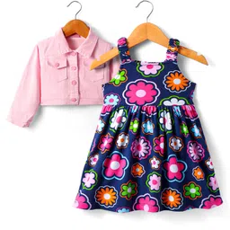 babyhug Babyhuhg Cotton Knit Frock & Full Sleeves Shrug With Floral Print - Navy Blue & Pink-picture-20