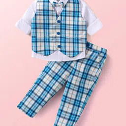 Babyhug Woven Full Sleeves Checkered 3 Piece Party Suit With Bow - Blue-image-74