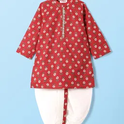 Babyhug Cotton Woven Full Sleeves Kurta Dhoti Set With Floral Print - Red-picture-26