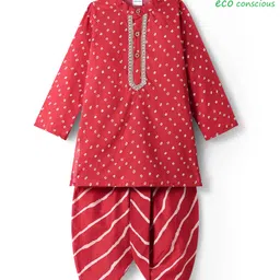Babyoye 100% Cotton Woven Full Sleeves Dhoti Kurta Set with Bandhani Print - Red-picture-25