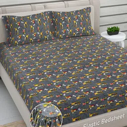 FABINALIV Grey Cartoon Print Woollen King Size Fitted Double Bedsheet with 2 Pillow Covers-picture-31