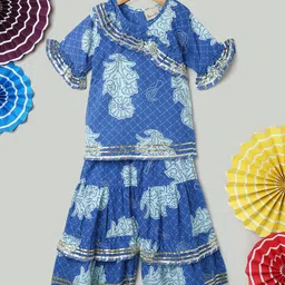 BownBee Pure Cotton Half Bell Sleeves Bandhani & Floral Printed Lace Embellished Kurta Sharara Set - Blue-picture-22