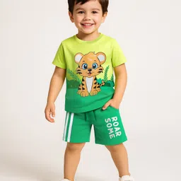 Babyhug Single Jersey Knit Half Sleeves T-Shirt & Shorts Set with Cub Print - Green & Yellow-picture-14
