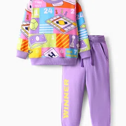 OLLINGTON ST. Cotton Full Sleeves Sweatshirt With Print & Knit Joggers Set- Lavender-picture-28