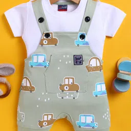 Jb Club Cotton Knit Car Printed Dungaree With Half Sleeves Tee Set - Green-image-64