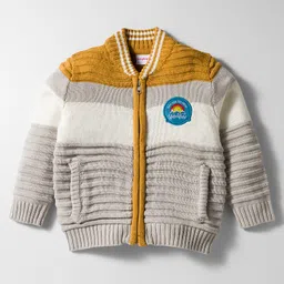 Babyhug Knit Full Sleeves Front Open Sweater with Patch Detailing & Color Block Design - Grey-picture-21
