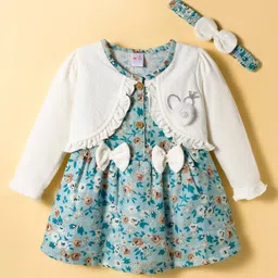 wow clothes WOW Cotton Knit Full Sleeves Floral Printed Frock With Bow Applique & Headband - Sea Green & White-picture-16