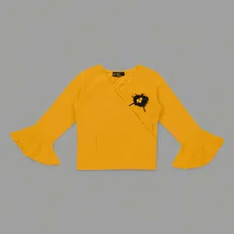 Actuel Woven Three Fourth Bell Sleeves Floral Applique Detailed Over Lapping Top - Mustard-picture-16